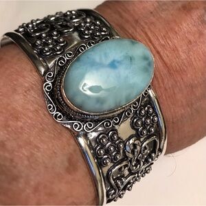 Larimar Stamped 925 Sterling Silver Cuff Bracelet